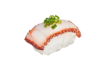 A piece of sushi topped with octopus and garnished with finely chopped green onions, Transparent background.