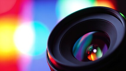 Close-Up of a Camera Lens with Bokeh Background Highlights Displaying Vibrant Colors and Reflections for Photography Enthusiasts