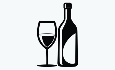 Wine bottle with glass icon, drinkware silhouette vector illustration