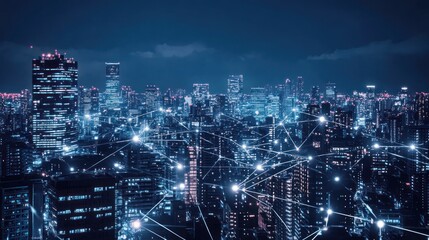 Night city network aerial view showing interconnected lights. Stock photo