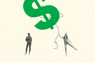 Exclusive art banner collage of two happy american white girls business partners stand dollar...