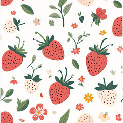 seamless pattern with cute Strawberry and flower illustrations,a simple design for baby room decor and nursery decoration.Strawberry illustrations for nursery decor