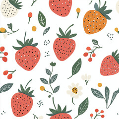 seamless pattern with cute Strawberry and flower illustrations,a simple design for baby room decor and nursery decoration.Strawberry illustrations for nursery decor