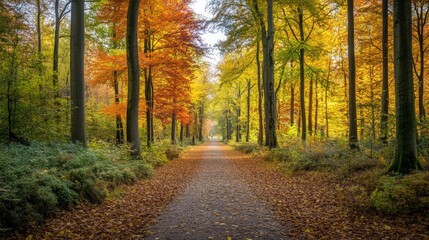 Obraz premium A wide shot of a wooded area in fall, with trees displaying a mix of green, yellow, orange, and red leaves, creating a stunning autumn landscape