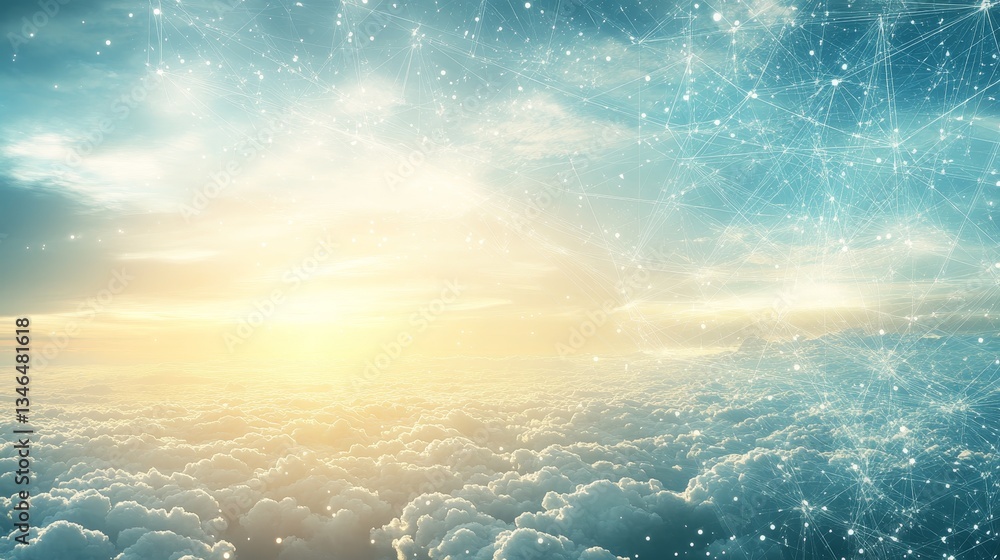 Poster ethereal cloudscape with glowing data streams, multimedia streaming and cloud technology