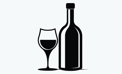 Wine bottle with glass icon, drinkware silhouette vector illustration