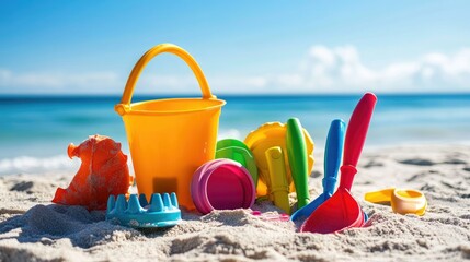 A group of colorful beach toys for children, featuring a bucket, shovel, and sand molds, placed on the sand with clear blue skies.