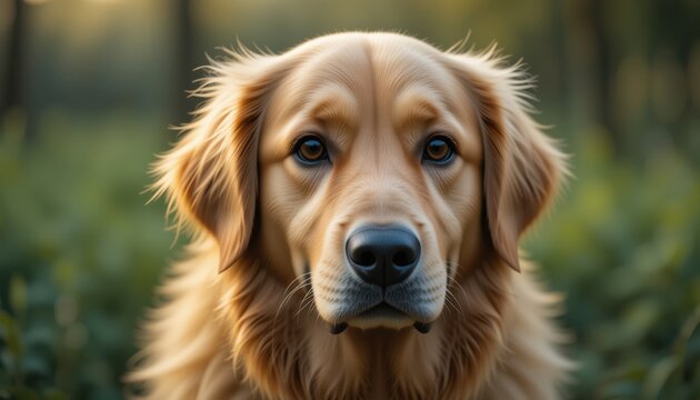 A beautiful golden retriever dog stares intently at the camera with a serene expression in a softly blurred natural outdoor setting.