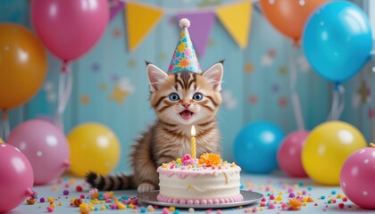 An adorable tabby kitten wea a party hat sits happily beside a small birthday cake with a single lit candle surrounded by colorful balloons and sprinkles.