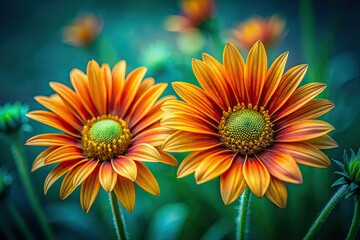 Obraz premium Arnica Montana's vibrant yellow-orange petals burst in a long-exposure closeup, set against a lush green backdrop.