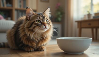 A fluffy longhaired tabby cat sits on a hardwood floor looking expectantly at its empty white food bowl in a cozy home setting.