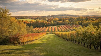 Naklejka premium A wide-angle view of an orchard during fall, with fruit trees surrounded by leaves transitioning to shades of red and yellow under a bright sky.