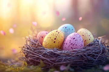 Obraz premium Colorful Easter eggs nestled in a natural nest against a warm sunny background celebrating spring and renewal.