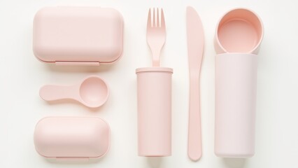 Obraz premium Pink Reusable Lunch Set Flat Lay