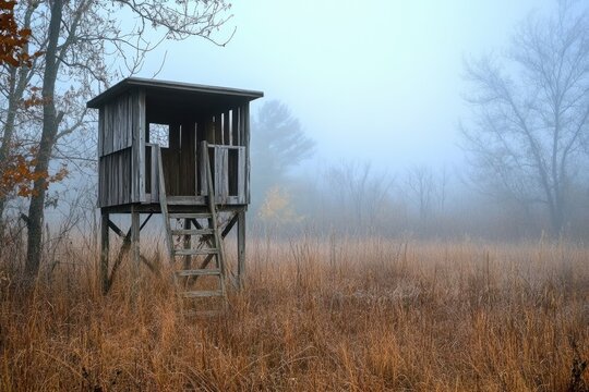 Deer Blind. Hiding in the Forest Landscape, Hunting for Cervids in Foggy Field