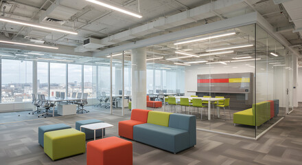 A spacious office with glass partitions and a vibrant breakout area