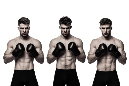 Multiple views of a muscular boxer ready for training