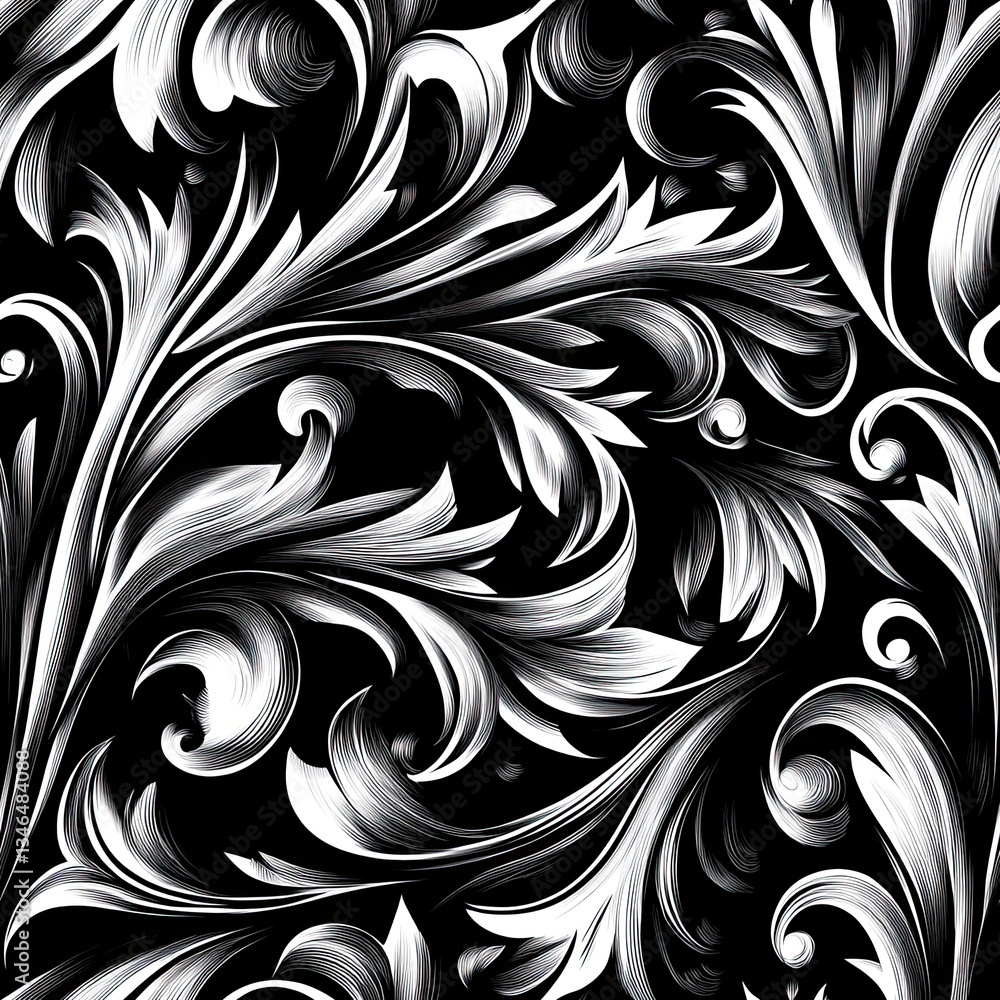 Poster monochrome woodcut seamless pattern intricate shading and texture