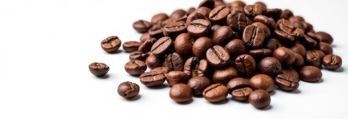 Obraz premium Roasted coffee beans piled up on white background with copy space