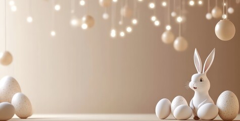 Easter bunny with eggs, lights, festive background; greeting card