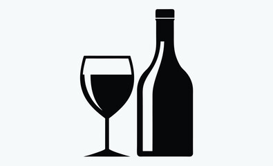 Wine bottle with glass icon, drinkware silhouette vector illustration