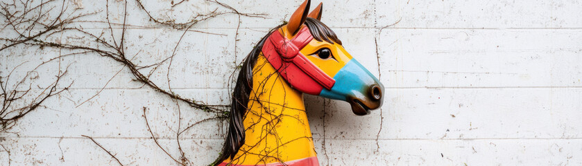 vibrant carousel horse adorned with colorful paint and entwined in soft vines evokes sense of nostalgia and whimsy