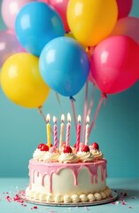 Delicious birthday cake with lit candles and colorful balloons celebrating a special occasion