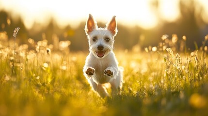Joyful small dog running through sunlit meadow