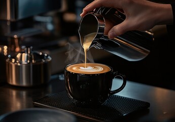 Barista pouring latte art in cafe kitchen