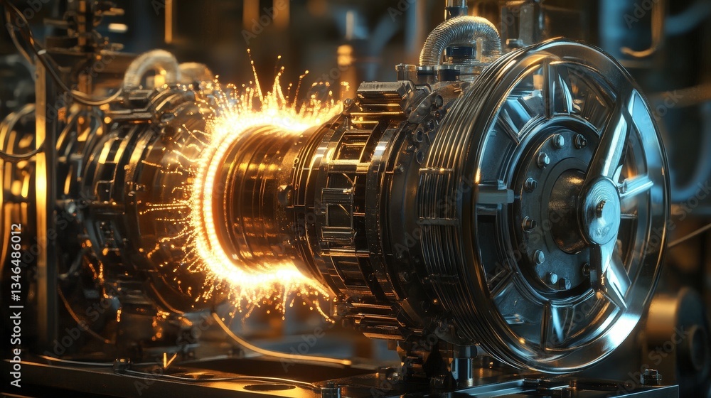 Poster an artistic representation of the process of converting mechanical power into electrical power throu