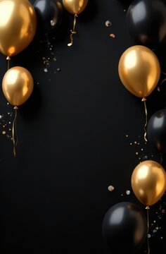 Black and gold balloons floating on dark background with confetti and with copy space