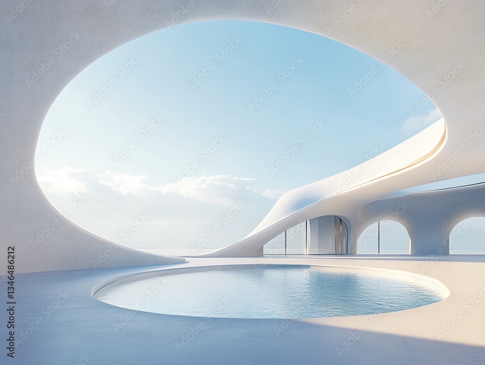 Poster architectural rendering: white curvilinear structure with interior pool and ocean view