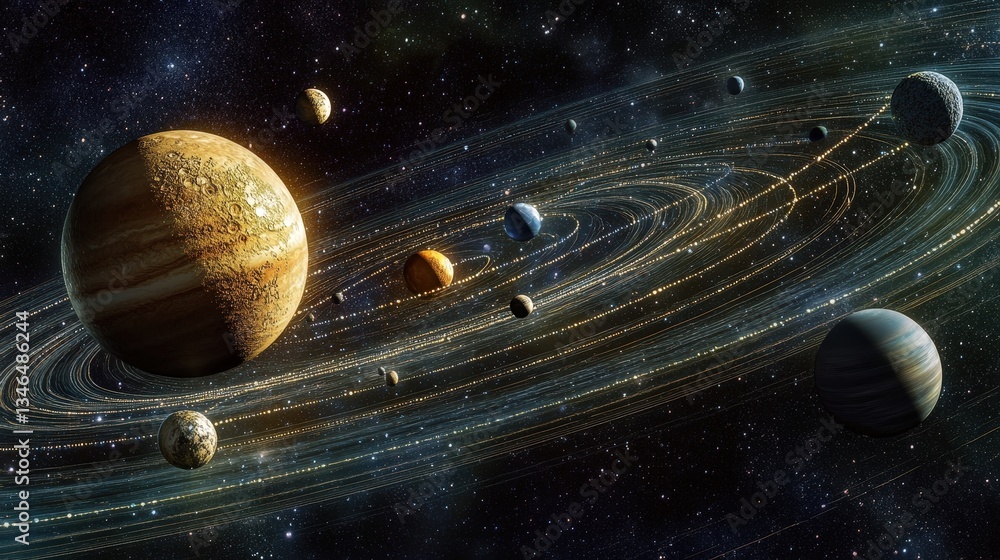 Poster an artistic visualization of planets in a solar system interconnected by gravity
