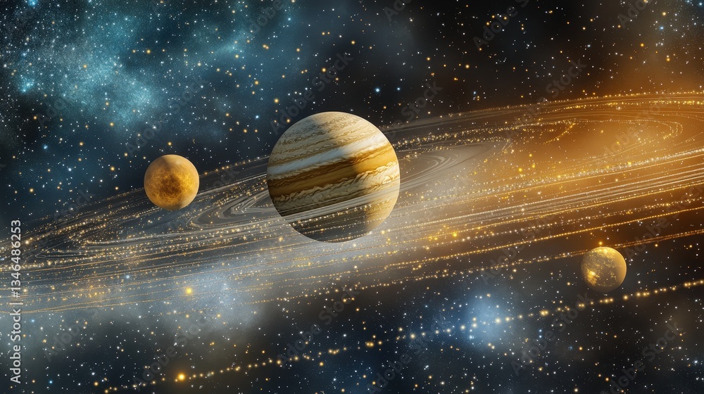 Poster an artistic visualization of planets in a solar system interconnected by gravity