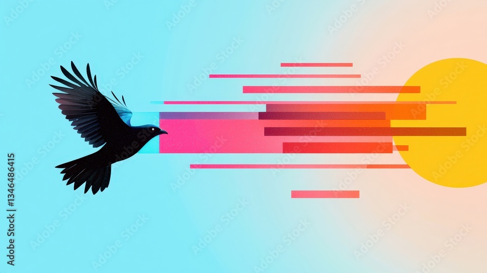 Poster a stylized vector art of a bird in flight with a glitch effect.