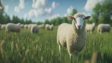 Fototapeta premium Dorper Sheep Grazing in Picturesque Farmland Landscape Amongst a Flock of Cattle