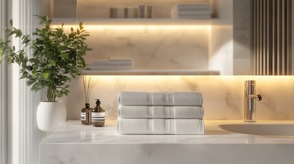 Bathroom Vanity with Stack of White Bath Towels and Accessories