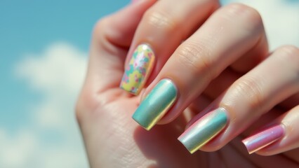 Iridescent Pastel Nails Against Blue Sky