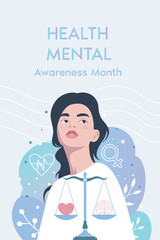 International Mental Health Day. Woman with scales, brain and heart reflects harmony between mind and feelings, balance of emotions. Vector illustration for psychology projects