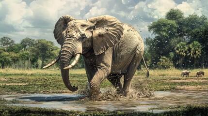 An elephant cooling itself by flinging mud onto its back in a wide-open savannah, surrounded by lush greenery and other wildlife.