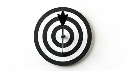 Dart Hitting Bullseye Black White Dartboard Target - Studio Shot High Angle View - Success Accuracy Aim Goal Achievement Focus Marksmanship