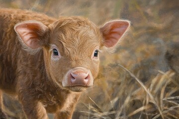 Fototapeta premium Duroc Baby Piglet on Farm. Brown Calf in Grass Field with Farm Animals