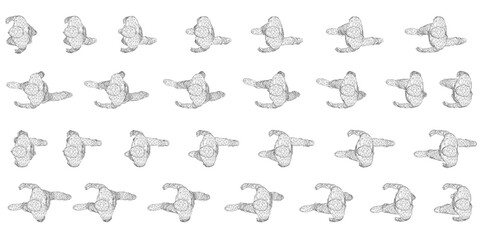 A group of people walking in a line. The people are all same sizes and are walking in same direction. Top view