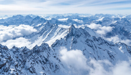 Majestic Alpine Panorama: A Breathtaking View of Snow-Capped Peaks Above the Clouds