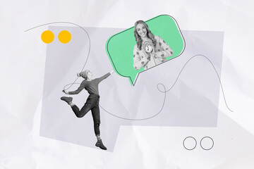 Composite art 3d image collage of two happy girls speak chatterbox notification dialogue hold alarm...