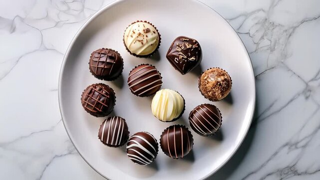 An overhead view of assorted chocolates on a white plate, with space for text..