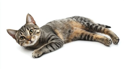 Obraz premium Playful tabby cat relaxing on white background