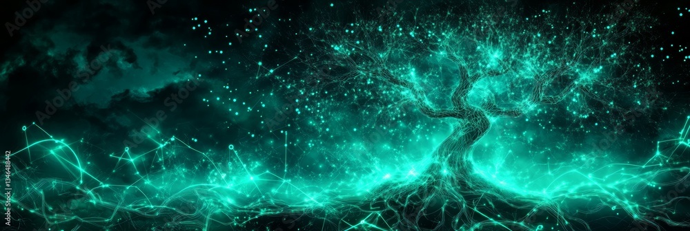 Poster mystical glowing green tree with digital connected network of roots, abstract background