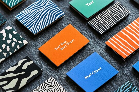 A collection of vibrant business cards featuring distinctive animal print designs. Cards are arranged on a textured surface, highlighting varied hues and patterns for visual appeal.
