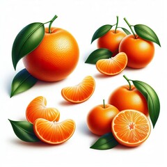 a set 3d of separate Tangerines. The style should include smooth gradients on a white background
